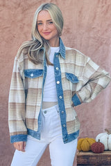 Trendy Full Size Washed Denim Brushed Plaid Jacket - Stylish and Versatile Outerwear