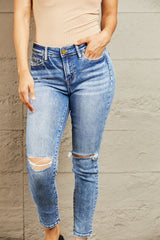 BAYEAS Mid Rise Distressed Skinny Jeans - Dark Wash Chic Denim