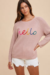 Annie Wear 'HELLO' Embroidered Raglan Sleeve Sweater - Cozy Women's Knitwear with Sporty Chic