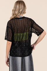 GeeGee Women's Glitter Mesh Top with Round Neck & Drop Shoulders