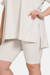 Zenana Full Size V-Neck Short Sleeve Slit T-Shirt & Shorts Set - Comfortable & Stylish Casual Wear