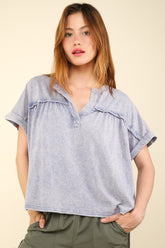 VERY J Notched Short Sleeve Washed Knit T-Shirt - Casual Cotton Blend Top