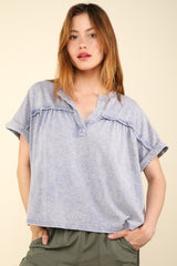 VERY J Notched Short Sleeve Washed Knit T-Shirt - Casual Cotton Blend Top