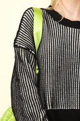 Trendy Two-Tone Striped Slit Crop Sweater with Exposed Seams