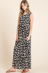 BOMBOM Women's Leopard Print Maxi Dress with Pockets & Shirred Waist - Chic & Comfortable