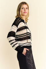 Davi & Dani Contrast Striped Crochet Knit Cover Up - Stylish Drop Shoulder Design