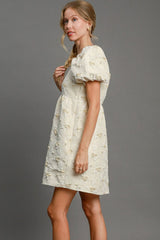 Umgee Heart Jacquard Puff Sleeve Mini Dress - Elegant Square Neckline for Romantic Occasions