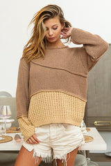 BiBi Textured Contrast Drop Shoulder Sweater - Cozy Fall & Winter Fashion