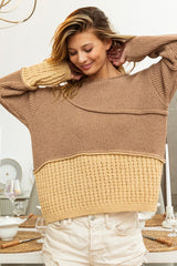 BiBi Textured Contrast Drop Shoulder Sweater - Cozy Fall & Winter Fashion