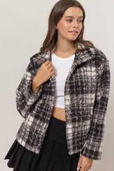 HYFVE Women's Chic Plaid Boucle Jacket with Collared Neck and Pockets