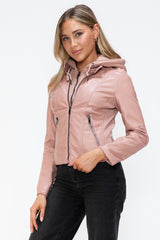 Chic Women's Faux Leather Hooded Jacket with Sporty Drawstring & Zip-Up