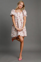 Umgee Heart Jacquard Mini Dress with Square Neck & Puff Sleeves - Romantic Style