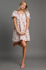 Umgee Heart Jacquard Mini Dress with Square Neck & Puff Sleeves - Romantic Style