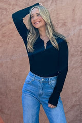 Chic Johnny Collar Long Sleeve Ribbed Bodysuit - Stylish & Versatile Fashion Piece