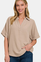Zenana Women's Textured Collared Neck Short Sleeve Top - Chic & Versatile