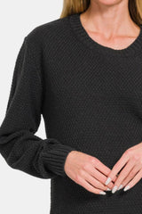 Zenana Full Size Cozy Round Neck Long Sleeve Sweater with Curved Hem
