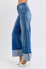 Judy Blue Women's Distressed High Waist Wide Leg Jeans - Trendy Denim with Edge