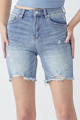 RISEN High Rise Distressed Denim Shorts with Raw Hem and Pockets - Trendy Urban Style