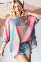 HOPELY Women's Full Size Checkered Round Neck T-Shirt with Side Slit