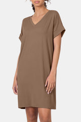 Zenana Women's Versatile Rolled Sleeve V-Neck Dress – Breathable & Stylish