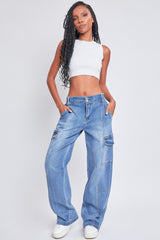 YMI Jeanswear High-Rise Straight Cargo Jeans with Stretch Denim & Elastic Waistband