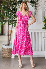Elegant Reborn J Printed V-Neck Ruffle Trim Tiered Midi Dress - Perfect for Special Occasions