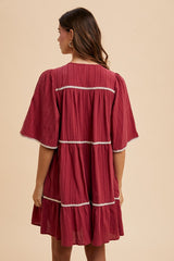 Annie Wear Bohemian Tassel Trim Tiered Cotton Dress - Half Sleeve & Tie Neck