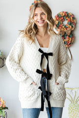 First Love Women's Tie Closure Open Knit Cardigan with Pockets