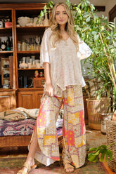 Trendy Printed Smocking Waist Wide Leg Pants with Side Slits