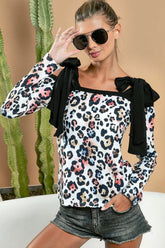 BiBi Leopard Shoulder Tie Long Sleeve Top - Trendy & Versatile Design