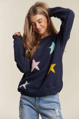 ADORA Stars Pattern Round Neck Drop Shoulder Sweater - Trendy & Cozy Knitwear