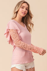 BiBi Women's Ruffled Lace Sleeve Rib Knit Top - Elegant & Versatile Fashion