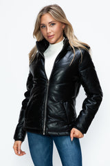How Dare U Unisex Zip-Up Puffer Jacket with Removable Hood & Functional Pockets - Warm Pleather Outerwear