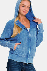 Zenana Women's Washed Cotton Zip-Up Hooded Jacket - Versatile Outerwear