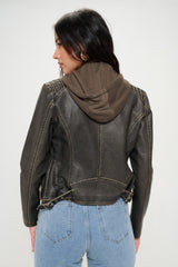 Vegan Leather Zip-Up Hooded Jacket by Coalition LA - Stylish & Eco-Friendly