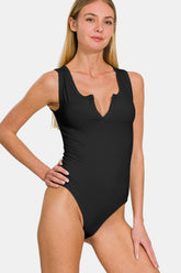 Zenana Microfiber Notched Sleeveless Bodysuit - Chic and Comfortable Wardrobe Essential