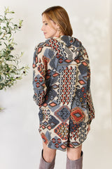 Heimish Multi-Color Printed Button-Up Hooded Jacket with Puff Sleeves