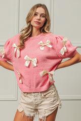 BiBi Ribbon Bow Detail Puff Sleeve Sweater - Feminine & Versatile