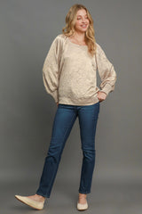 Umgee Wrinkled Lantern Sleeve Blouse - Chic Round Neck Top