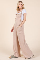 Stylish Ribbed Knot Strap Wide Leg Overalls with Pockets - BOMBOM