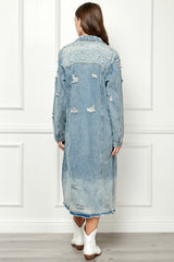 Veveret Full Size Pearl Embellished Distressed Denim Jacket with Raw Hem