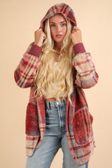 VERY J Women's Fuzzy Plaid Hooded Jacket - Stylish Long Sleeve Winter Wear