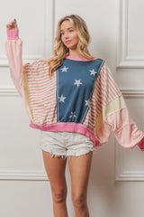 BiBi Women's Stars and Stripes Round Neck Long Sleeve Top - Trendy Casual Wear