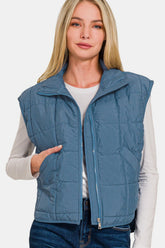 Zenana Women's Cropped Puffer Vest with Zip-Up Closure and Pockets