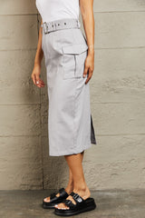 HYFVE Professional Poise Buckled Midi Skirt - Chic High Waist Women's Cargo Skirt