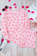 Women's Heart Print Long Sleeve Lounge Set - Cozy Two-Piece Top & Shorts