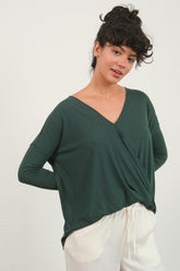 HYFVE Draped Drop Shoulder Long Sleeve Top - Elegant Surplice Design for Versatile Styling