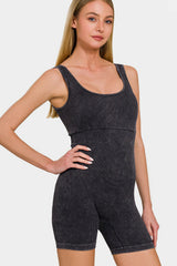 Zenana Washed Ribbed Romper with Padded Shoulders - Versatile Women's Fashion