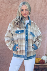 Trendy Full Size Washed Denim Brushed Plaid Jacket - Stylish and Versatile Outerwear