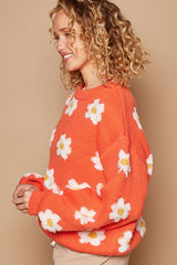 POL Daisy Pattern Oversized Drop Shoulder Sweater - Trendy Floral Knitwear